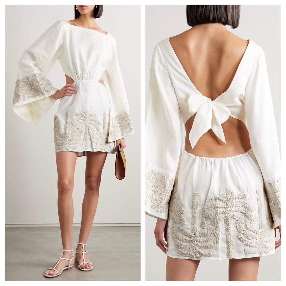 Johanna Ortiz Shared Present Embroidered Linen Long Sleeve Mini Dress in Ecru